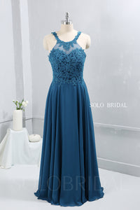 Teal Blue Chiffon Halter Neck Bridesmaid Dress