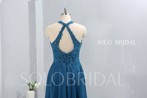 Teal Blue Chiffon Halter Neck Bridesmaid Dress