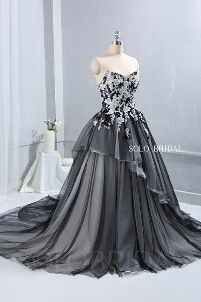 Ivory Satin Wedding Dress with Black Tulle Overlay