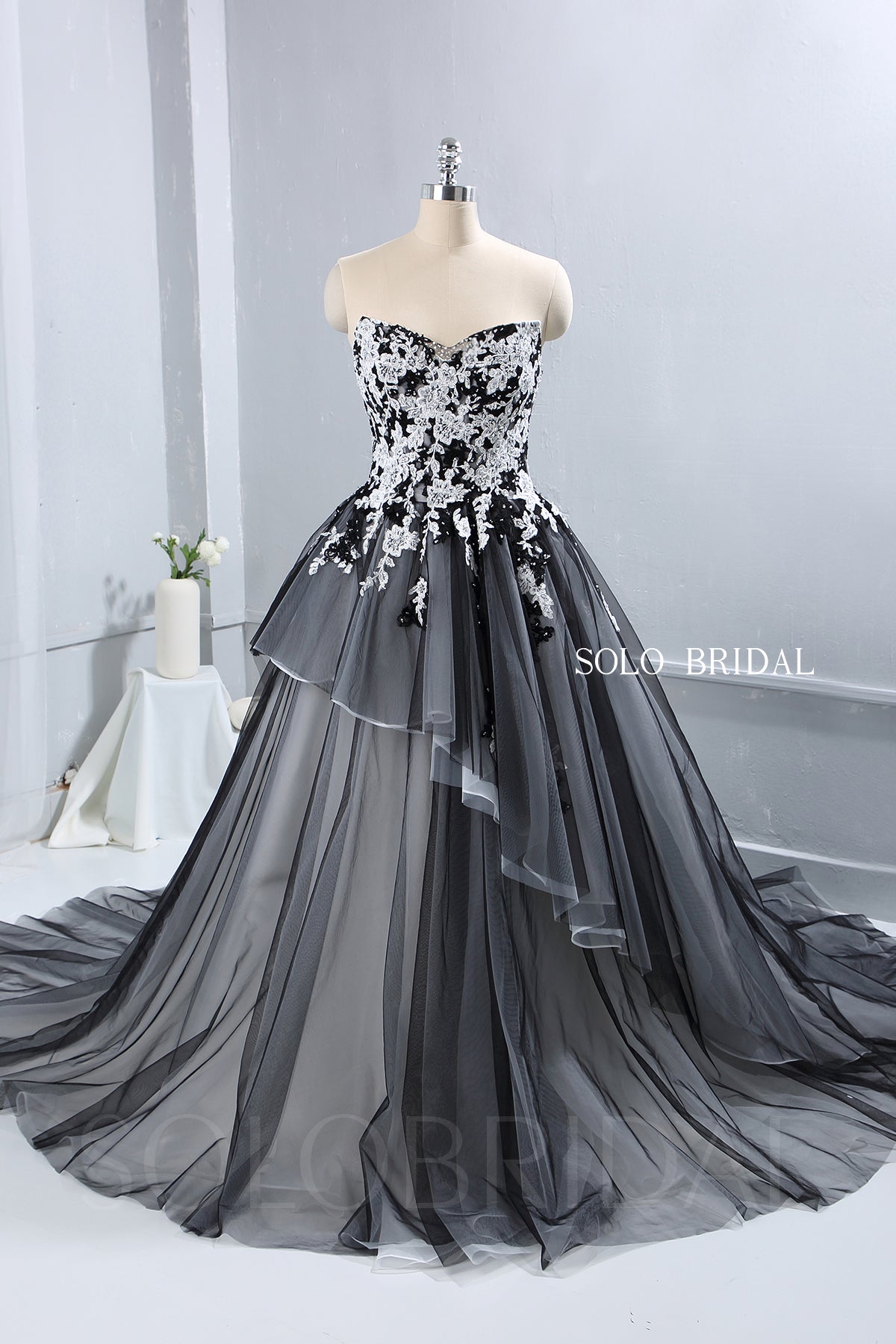 Solobridal - Ivory Satin Wedding Dress with Black Tulle Overlay SoloBridal Solobridal - Ivory Satin Wedding Dress with Black Tulle Overlay SoloBridal