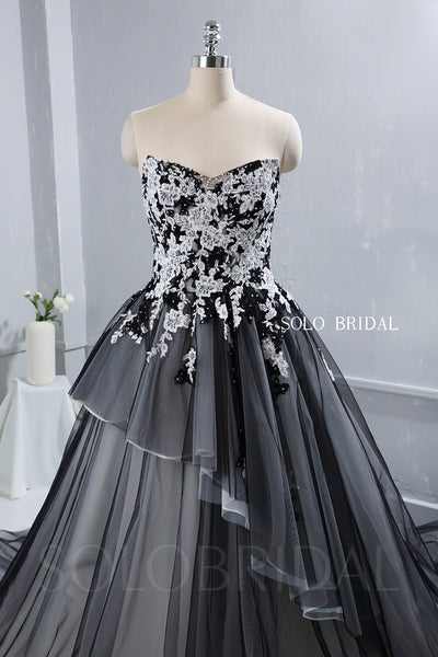 Ivory Satin Wedding Dress with Black Tulle Overlay