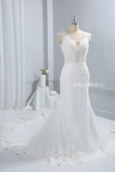 Ivory See Through Boned Corset Bodice Wedding Dress With Cathedral Train