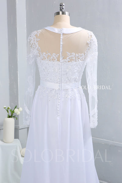 White Chiffon Wedding Dress with Satin Ribbon Bustline and Long Sleeves