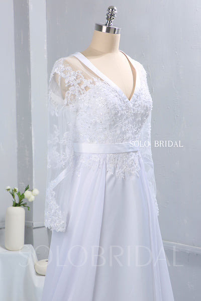 White Chiffon Wedding Dress with Satin Ribbon Bustline and Long Sleeves