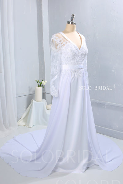 White Chiffon Wedding Dress with Satin Ribbon Bustline and Long Sleeves