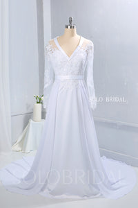 White Chiffon Wedding Dress with Satin Ribbon Bustline and Long Sleeves