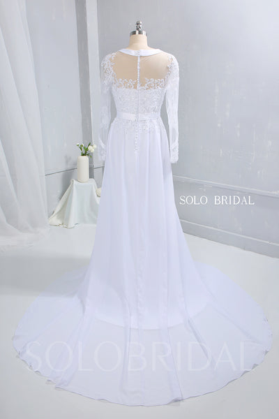 White Chiffon Wedding Dress with Satin Ribbon Bustline and Long Sleeves