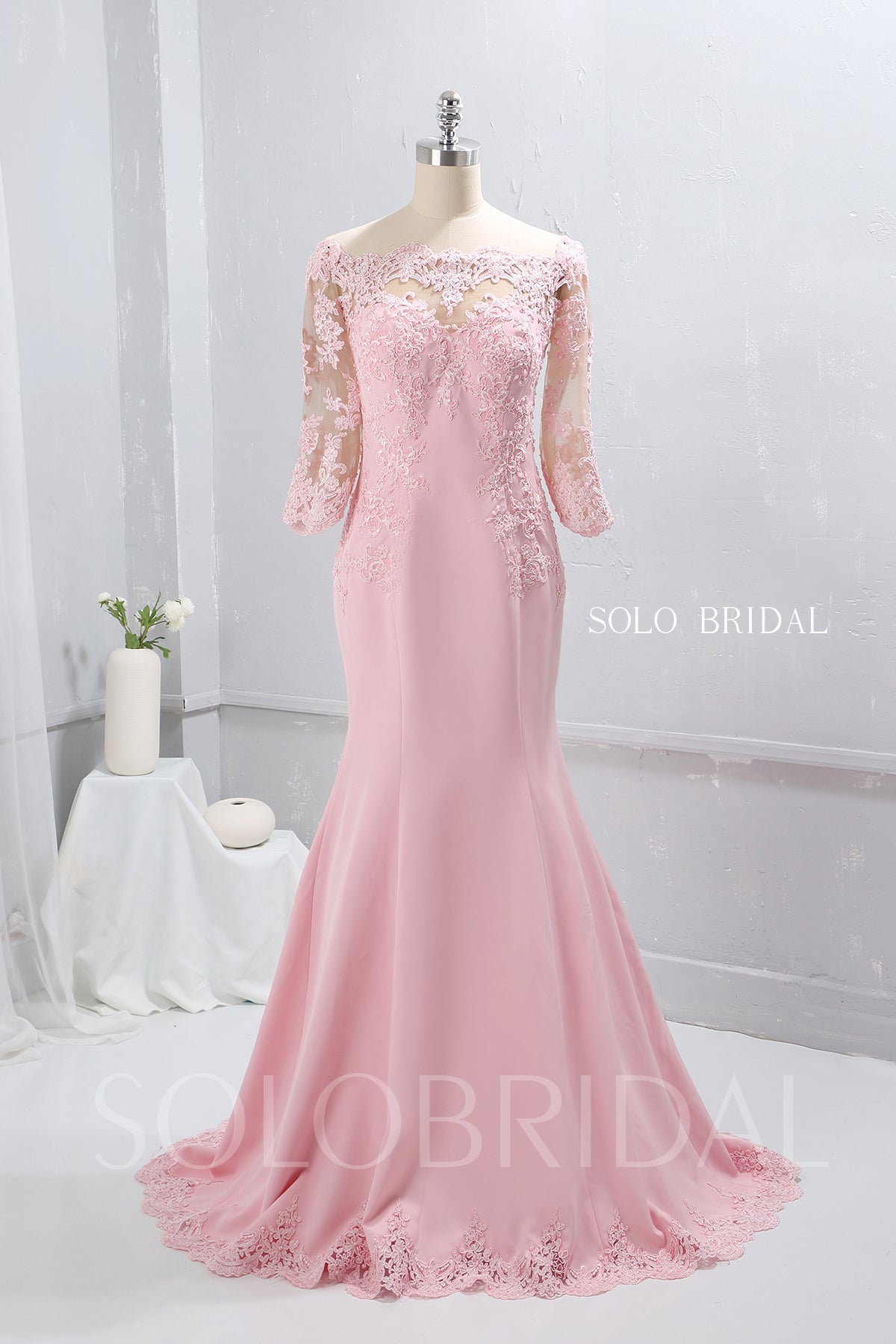 Blush Pink Crepe Fit and Flare Prom Dress