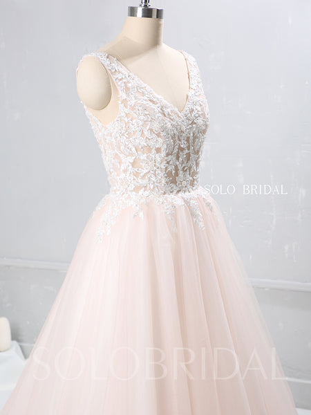 Blush Pink A Line Tulle Wedding Dress with V Neckline