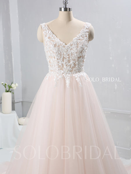 Blush Pink A Line Tulle Wedding Dress with V Neckline