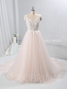 Blush Pink A Line Tulle Wedding Dress with V Neckline