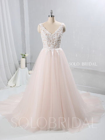 Blush Pink A Line Tulle Wedding Dress with V Neckline