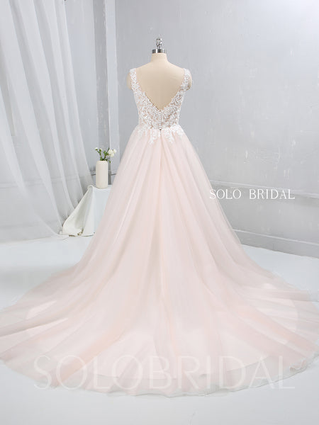 Blush Pink A Line Tulle Wedding Dress with V Neckline