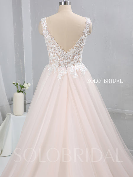 Blush Pink A Line Tulle Wedding Dress with V Neckline