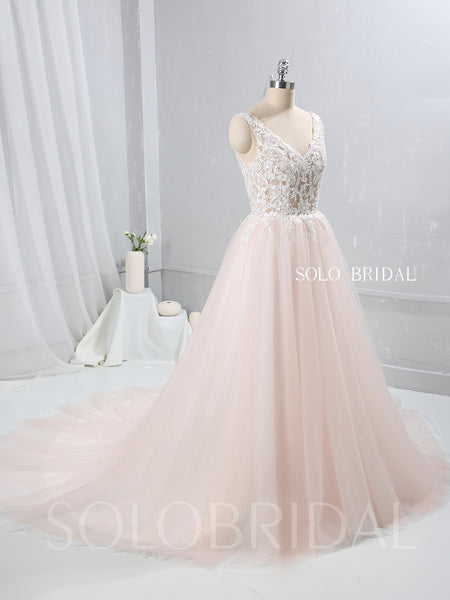 Blush Pink A Line Tulle Wedding Dress with V Neckline