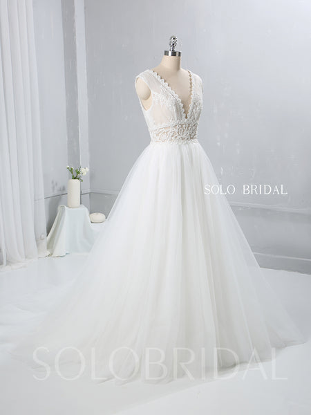 Ivory A Line Tulle Wedding Dress with See Through Lace Bodice