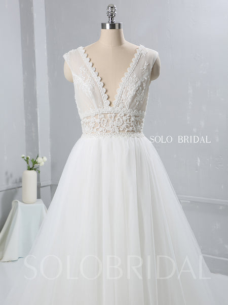 Ivory A Line Tulle Wedding Dress with See Through Lace Bodice