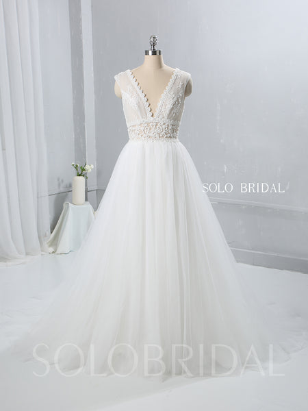 Ivory A Line Tulle Wedding Dress with See Through Lace Bodice