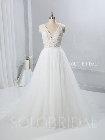 Ivory A Line Tulle Wedding Dress with See Through Lace Bodice