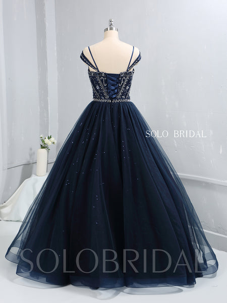 Royal Blue Heavy Beaded Shiny Tulle Prom Dress with Long Skirt