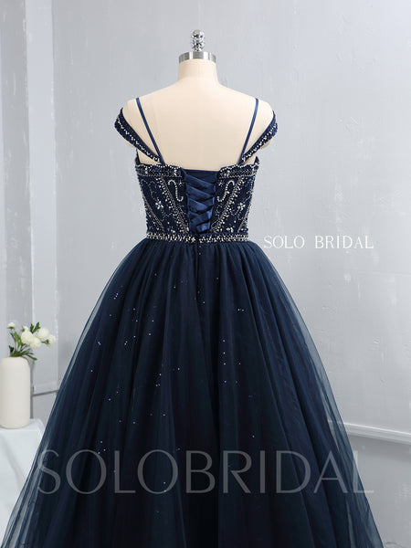 Royal Blue Heavy Beaded Shiny Tulle Prom Dress with Long Skirt