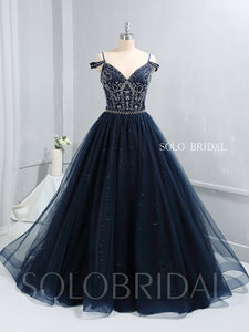 Royal Blue Heavy Beaded Shiny Tulle Prom Dress with Long Skirt