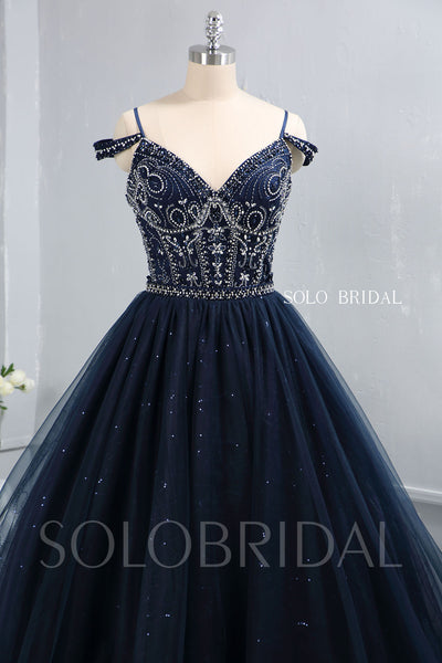 Royal Blue Heavy Beaded Shiny Tulle Prom Dress with Long Skirt