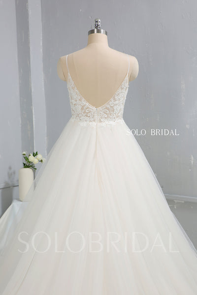 Light Champagne A Line Tulle Wedding Dress with Cathedral Train