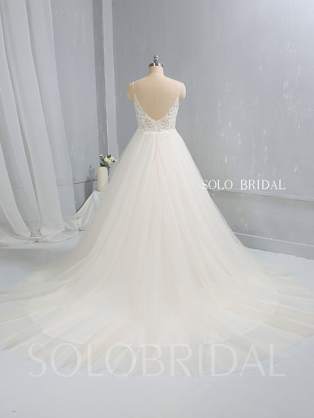 Light Champagne A Line Tulle Wedding Dress with Cathedral Train