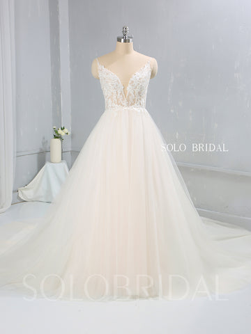 Light Champagne A Line Tulle Wedding Dress with Cathedral Train