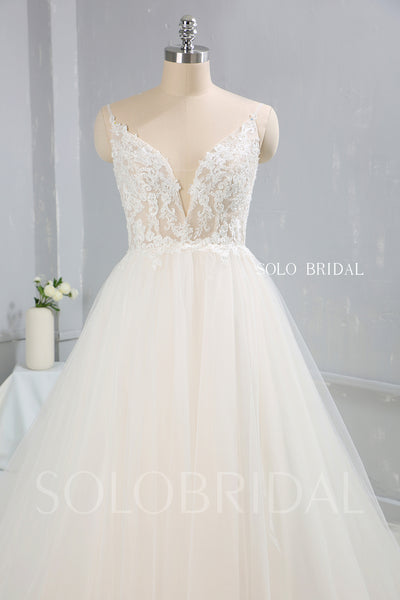 Light Champagne A Line Tulle Wedding Dress with Cathedral Train