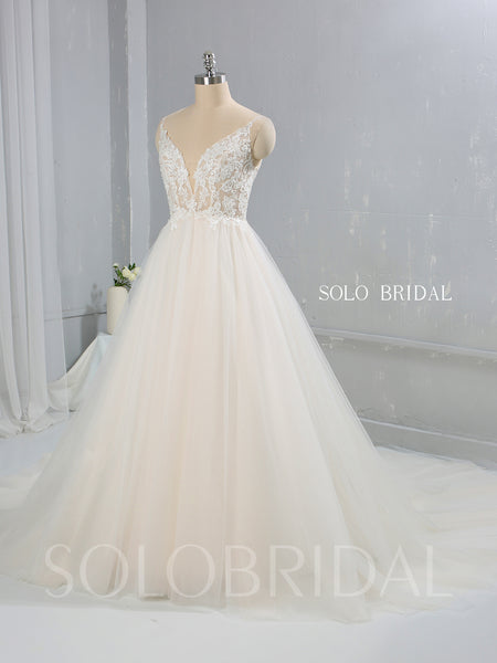 Light Champagne A Line Tulle Wedding Dress with Cathedral Train