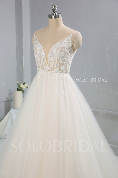 Light Champagne A Line Tulle Wedding Dress with Cathedral Train