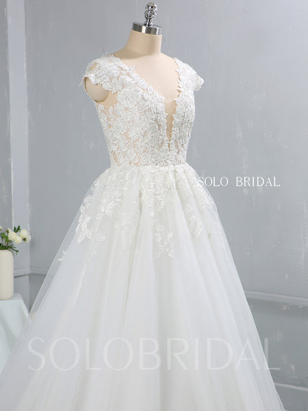 Light Ivory Capped Sleeve A Line Tulle Wedding Dress with Court Train