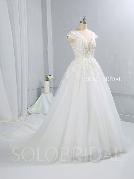 Light Ivory Capped Sleeve A Line Tulle Wedding Dress with Court Train