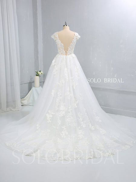Light Ivory Capped Sleeve A Line Tulle Wedding Dress with Court Train