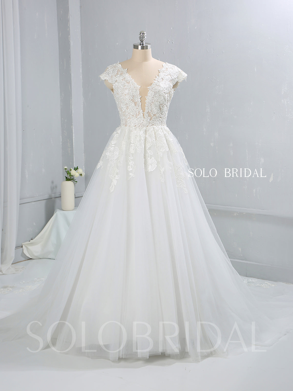 Light Ivory Capped Sleeve A Line Tulle Wedding Dress with Court Train