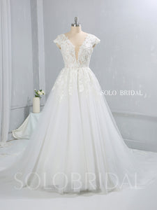 Light Ivory Capped Sleeve A Line Tulle Wedding Dress with Court Train