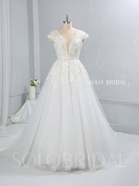 Light Ivory Capped Sleeve A Line Tulle Wedding Dress with Court Train