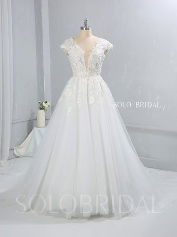 Light Ivory Capped Sleeve A Line Tulle Wedding Dress with Court Train