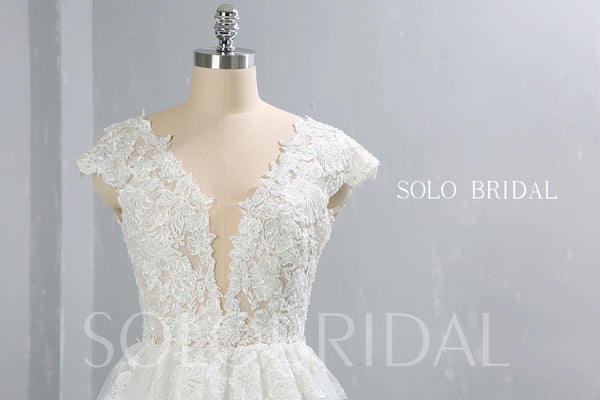 Light Ivory Capped Sleeve A Line Tulle Wedding Dress with Court Train