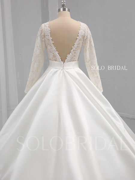 Ivory A Line Satin Wedding Dress with Lace Long Sleeves
