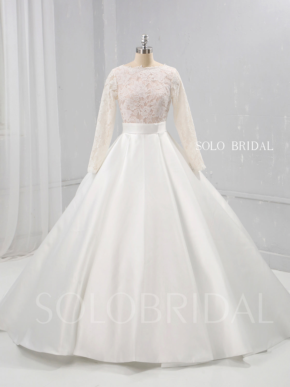 Ivory A Line Satin Wedding Dress with Lace Long Sleeves