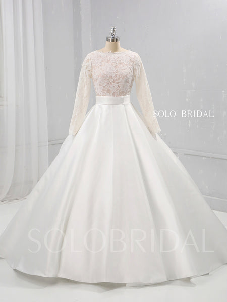 Ivory A Line Satin Wedding Dress with Lace Long Sleeves