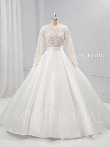 Ivory A Line Satin Wedding Dress with Lace Long Sleeves
