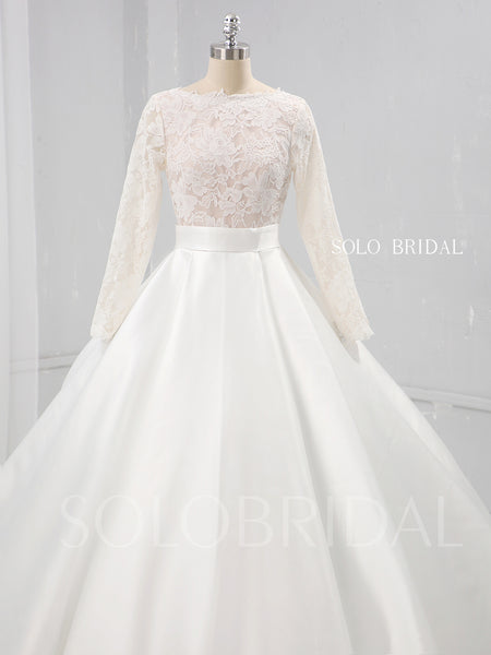 Ivory A Line Satin Wedding Dress with Lace Long Sleeves