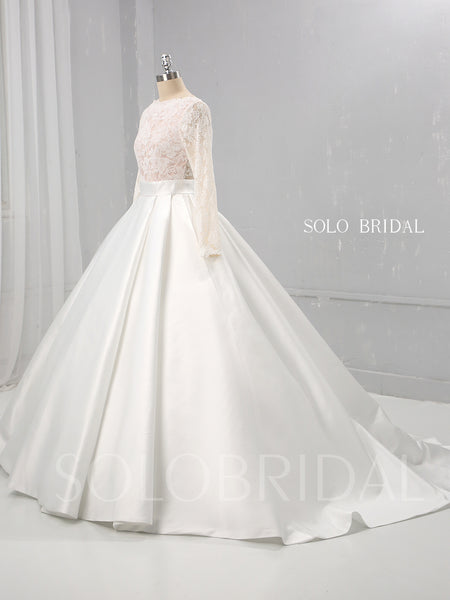 Ivory A Line Satin Wedding Dress with Lace Long Sleeves