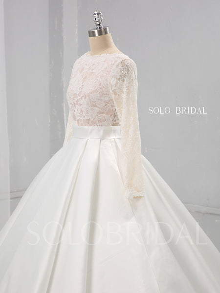 Ivory A Line Satin Wedding Dress with Lace Long Sleeves