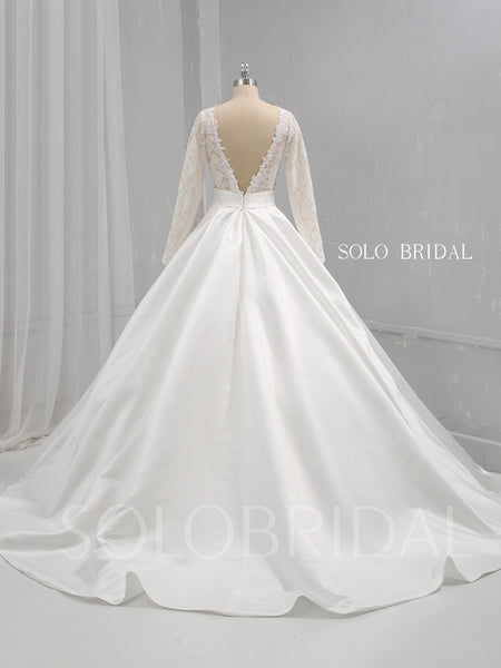Ivory A Line Satin Wedding Dress with Lace Long Sleeves