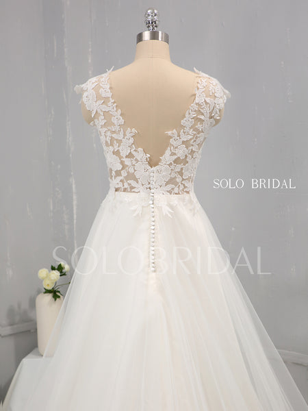 Ivory Cotton Lace A Line Wedding Dress with Capped Sleeves